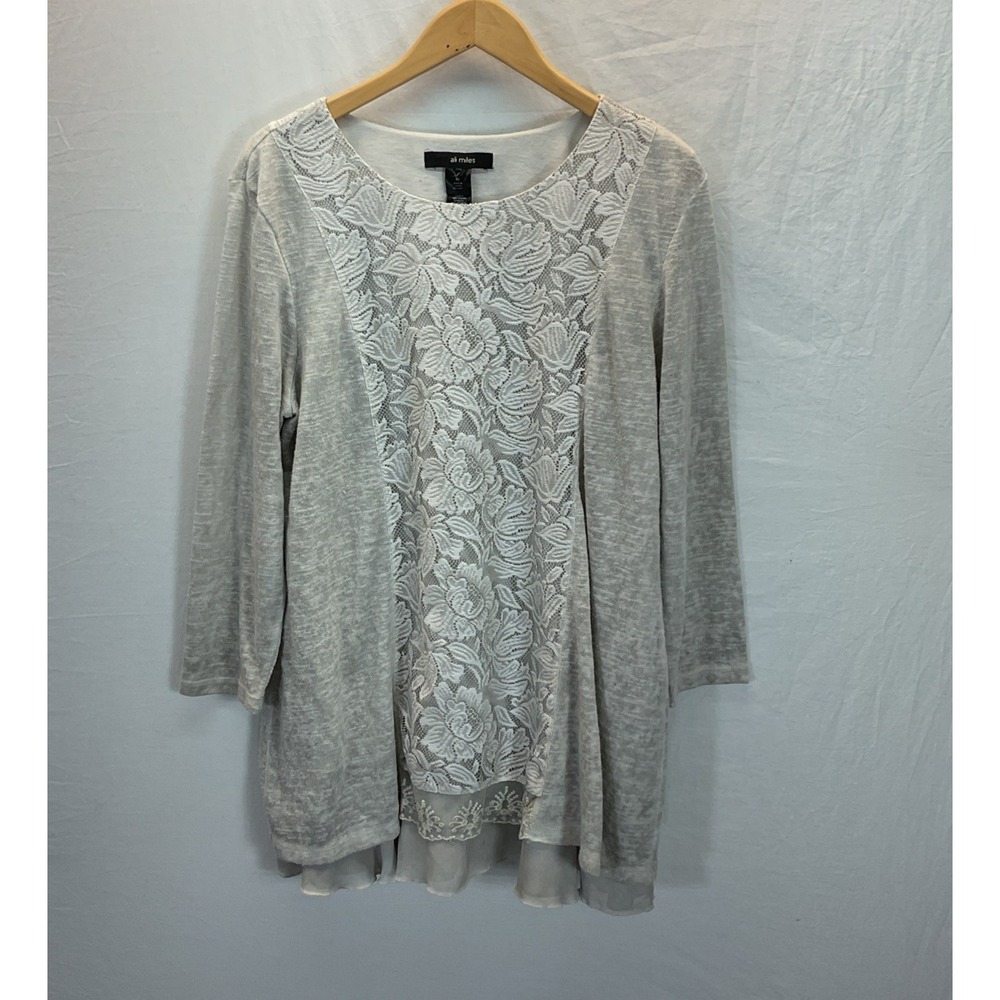 Ali Miles‎ Women's Romantic Crochet Lace Top Size XL Gray Cottagecore Feminine